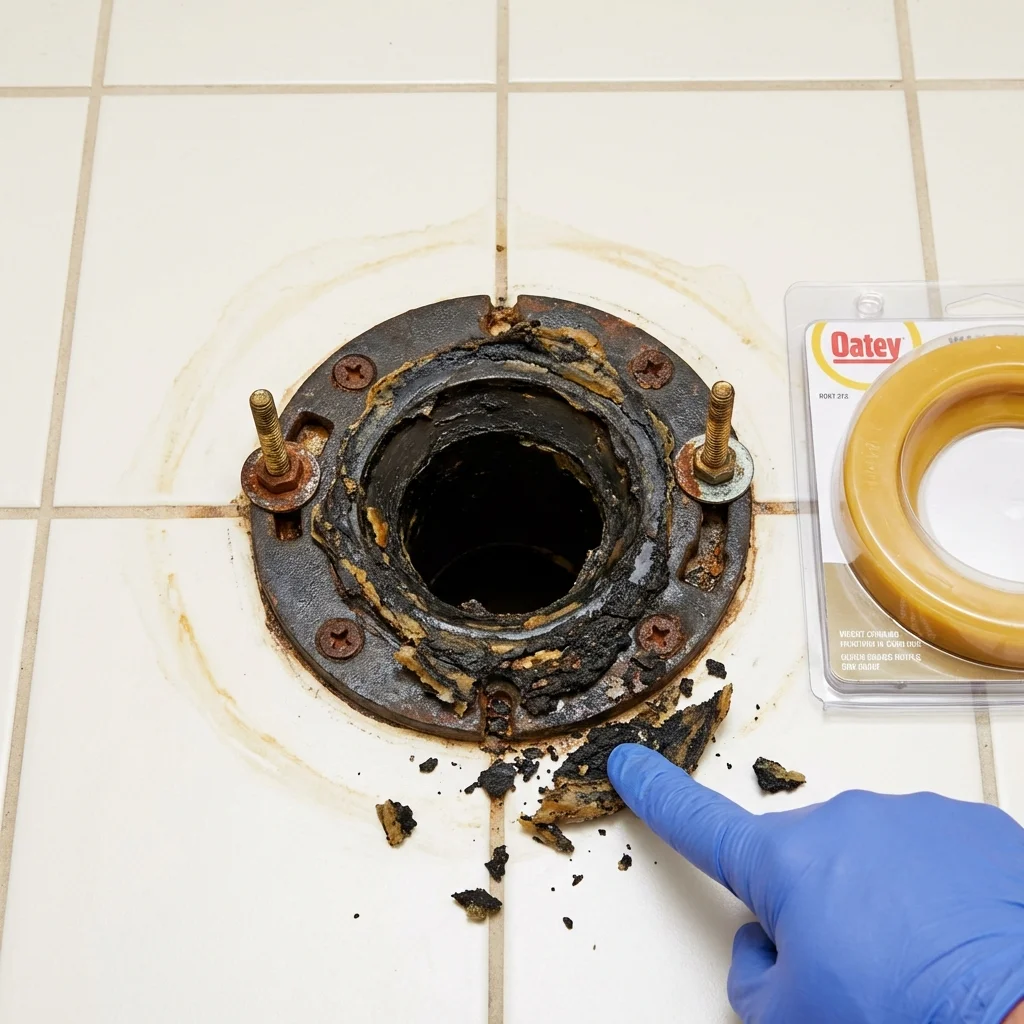 Failed wax ring showing water seepage at the base of a toilet in a Ripley, OH home