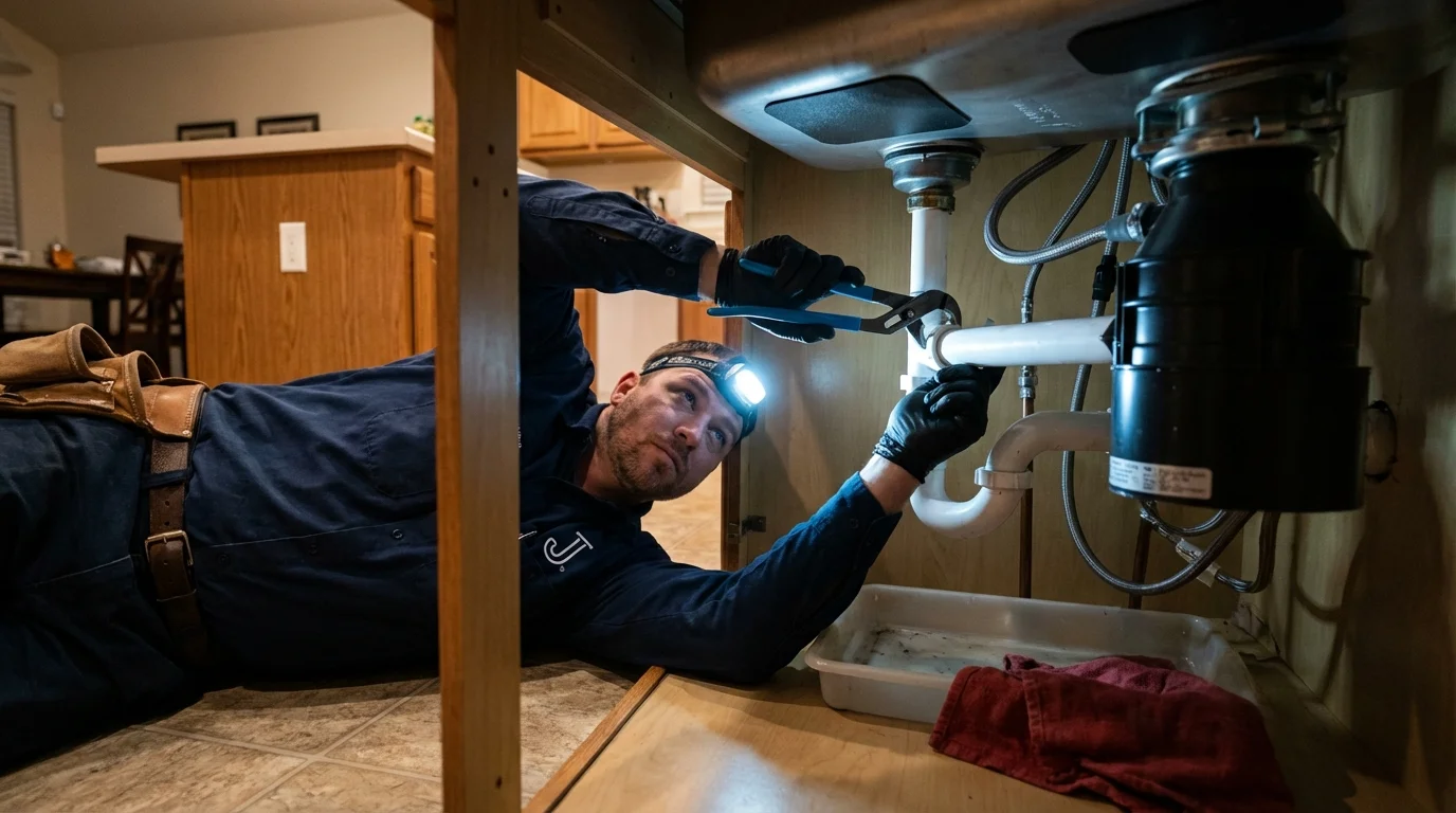 P-trap and supply line connections under a kitchen sink showing a common leak point in Ripley, OH